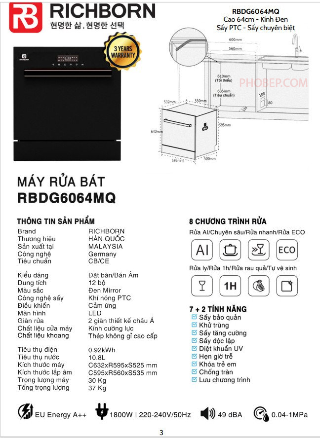 Máy rửa bát Richborn RBDG6064MQ máy rửa bát 12 bộ chén bát