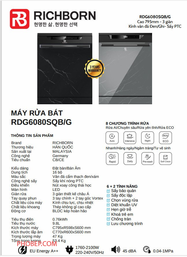Máy rửa bát Richborn RDG6080SQB Mặt Gương vân đá sang trọng